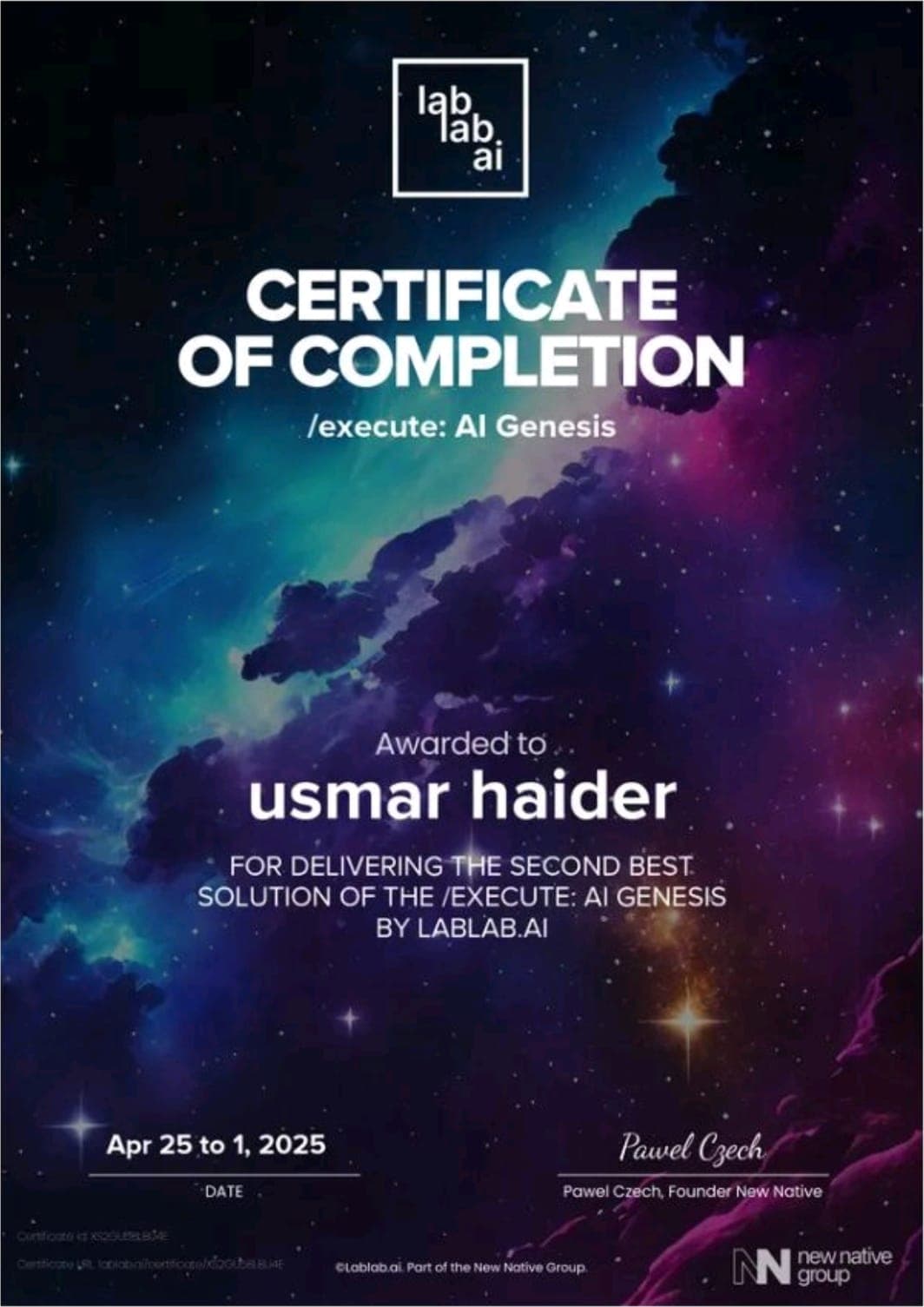 lablab.ai certificate for second best solution at /execute: AI Genesis