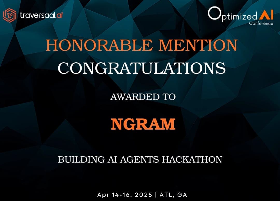 Traversaal × Optimized AI hackathon award certificate for team NGRAM